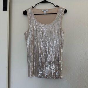 Y2K Vtg Sequin Bling Tank Top Cream Silver Shiny Glam Shirt Medium Cotton